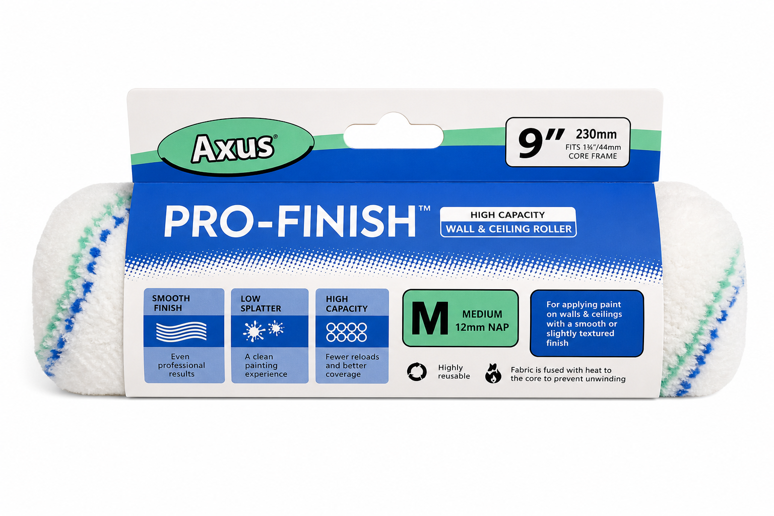 Axus Pro-Finish Wall & Ceiling Roller, Medium Pile 9" / 230mm, 44mm core